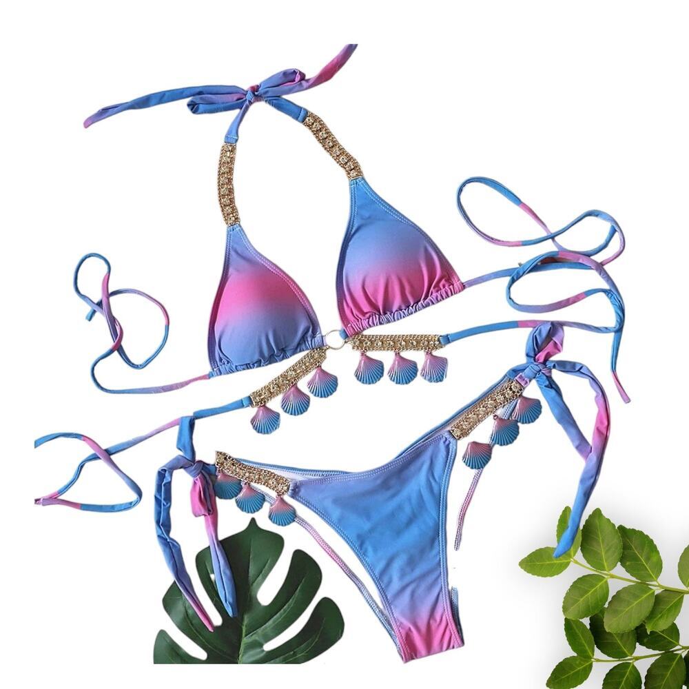 Blue Sea-Shell 2-Piece Diamond Brazilian Bikini Set‎